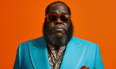 Fototapeta premium Stylish Man in Turquoise Suit and Bold Sunglasses, Orange Background, Fashion Statement