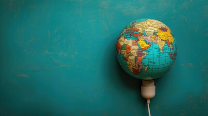 Classic world globe against a textured teal background - obrazy, fototapety, plakaty