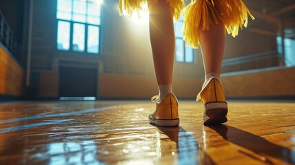 Cheerleader's feet in yellow shoes on gym floor