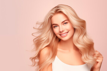 Naklejka premium Blonde woman with wavy hair smiling, radiant with happiness and beauty, in a natural and elegant style.
