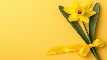 A daffodil tied with a yellow ribbon on a yellow background