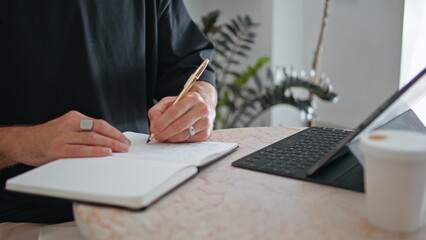 Senior hands writing pen indoors closeup. Stylish mature businessman make notes
