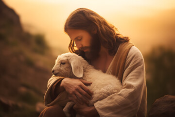 Shepherd Jesus Christ Taking Care of One Missing Lamb. Warm Toned Soft Picture - obrazy, fototapety, plakaty