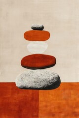 Abstract zen, calming in balance stack of rocks with red and white wave with dynamic contrast of earth and sea, captured in a vibrant painting of textured rocks adorned with a bold red and white wave.