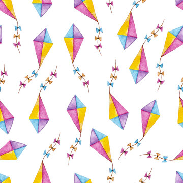 watercolor hand drawn flying kite seamless pattern