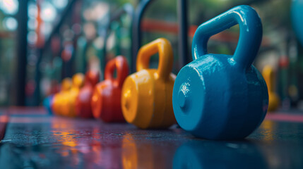 Close-up of a set of colorful kettlebells, varying sizes and colors of the kettlebells.  - obrazy, fototapety, plakaty