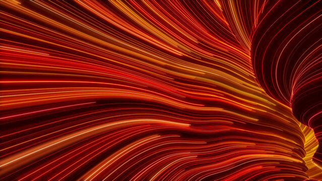 Abstract Neon Lines Tunnel with Orange, Yellow and Red Stripes. 3D Render.