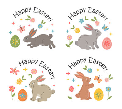 Easter badges with bunny, egg, spring flowers. Easter holiday labels vector design elements set. Stickers with festive rabbits, bunnies, eggs, flowers, butterflies and Happy Easter typography message.