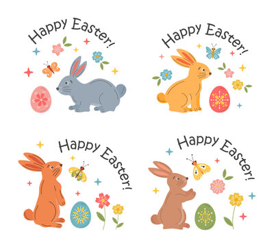 Easter greeting cards, tags with bunnies, eggs and spring flowers. Happy Easter holiday greetings, vector hand drawn cartoon style. Cute colorful Easter holiday clip art with funny characters.