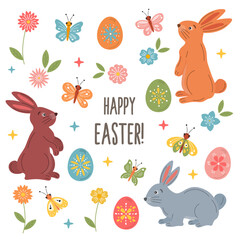 Fototapeta na wymiar Happy Easter vector clip art with rabbit, bunny, spring flowers, colorful painted eggs, butterflies. Spring Easter background, cute holiday clip art, greeting card, poster.