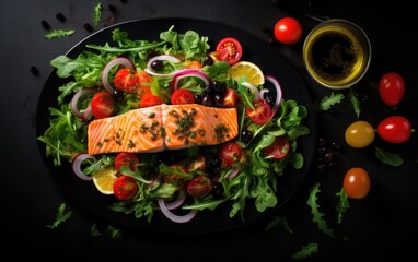 Grilled Salmon Steak on a Bed of Fresh Greens With Cherry Tomatoes and Dressing