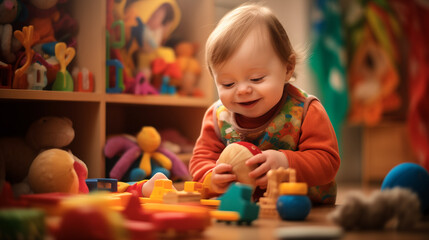 Little kid with down syndrome playing joyfully with colorful wooden toys in cozy room