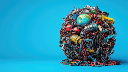 Massive ball of assorted cables surrounding a small Earth globe