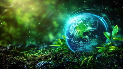 Obraz na płótnie Canvas Glowing globe with green energy aura and leaves