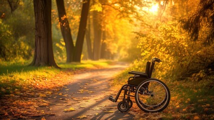 Warm sunlight bathes an empty wheelchair amidst a fall landscape with fallen leaves on a forest path