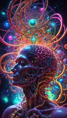 Surreal portrait of a person with cosmic wireframe hair adorned with glowing orbs and fractal elements against a dark space background.