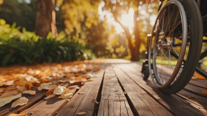 Empty wheelchair on a wooden boardwalk surrounded by autumn leaves in a sunlit park - obrazy, fototapety, plakaty