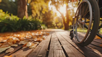 Fotobehang Empty wheelchair on a wooden boardwalk surrounded by autumn leaves in a sunlit park © Татьяна Макарова