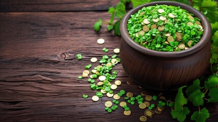 Pot of gold coins amidst clover leaves on wood