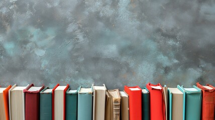 Assorted books leaning on a textured grey and turquoise background