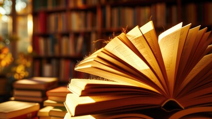 Open book bathed in golden light on a library background