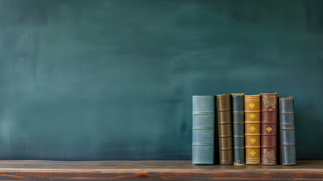 Row of old books against a dark green chalkboard