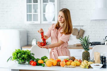 Woman Standing in Kitchen Preparing Food, Home Cooking at Its Best. A woman stands in a kitchen, skillfully preparing food with passion, showcasing the art of home cooking.