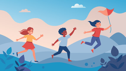 Happy children running and playing with kite in nature vector illustration