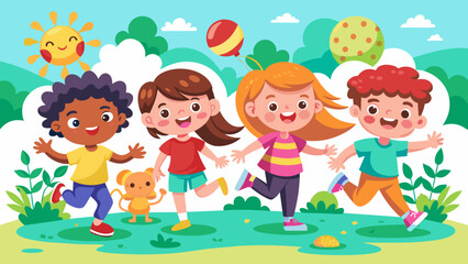 Obraz na płótnie Canvas Happy children playing outdoors in the park vector illustration