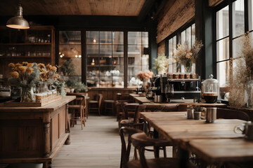Fototapeta na wymiar Interior design of a rustic cafe with coffee machine and coffee equipment