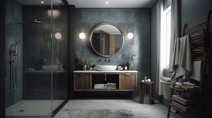 Interior of modern bathroom with bathtub and mirror