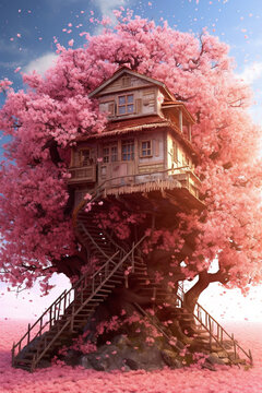 wonderful abstrat cherry blossm tree house, generative ai