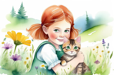portrait of happy green eyed redheaded little girl is playing with a little tabby ginger kitty on the flower meadow isolated on white background, cartoon character illustration watercolor style