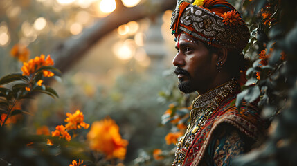 The Indian groom, attired in traditional clothing, participates in the solemn proceedings of a customary wedding ceremony. Generative AI - obrazy, fototapety, plakaty