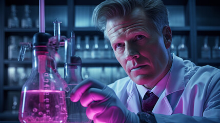 Scientist Examining Flask with Pink Liquid