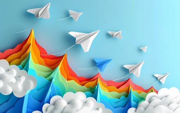 Colorful paper cut airplanes flying above the clouds and rainbow colored mountains with a blue sky background. origami paper cut art style. 
