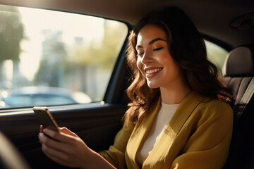 Smiling business woman sits in the back of a ride share taxi and uses a work cellphone