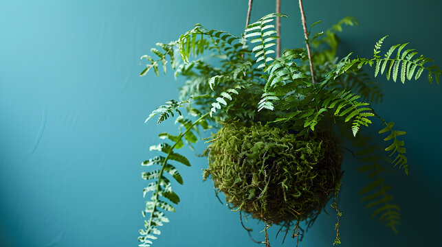 Kokedama, fern against a blue background, traditional Japanese plant arrangements with moss, within the realm of do-it-yourself Japanese home gardening. Generative AI