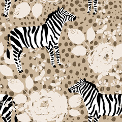 Tropical zebra, rose flowers silhouettes, cheetah animal print background. Vector floral mix seamless pattern illustration. Summer beach design. Exotic safari. Paradise nature