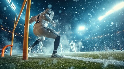 Dynamic shot of a kicker successfully making a field goal, with the ball sailing through the goalposts. [Kicker successfully making field goal with ball sailing through goalposts