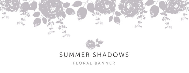 Rose flowers and leaves silhouettes, white background. Banner template with text. Vector illustration. Floral arrangement. Summer border design