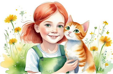 portrait of happy green eyed redheaded little girl is playing with a little tabby ginger kitty on the flower meadow isolated on white background, cartoon character illustration watercolor style