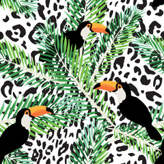 Toucans, green palm leaves, leopard animal print background. Vector floral seamless pattern. Tropical illustration. Exotic plants, birds. Summer beach design. Paradise nature