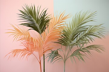 Fototapeta na wymiar Minimalistic pastel colored background with palm branches for design projects and presentations