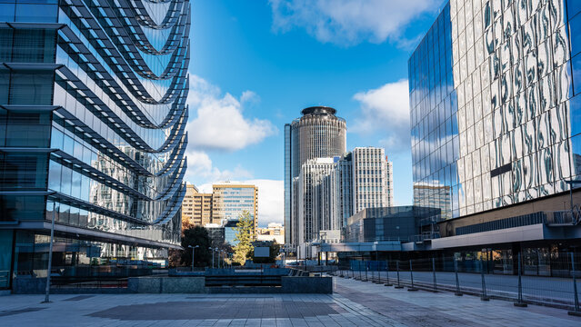 Modern high-rise buildings in the centre of Madrid, headquarters of companies and offices