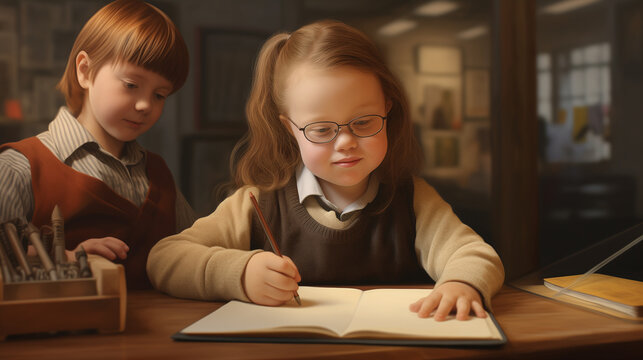 A young schoolgirl with Down syndrome diligently writes in notebook while seated in a classroom
