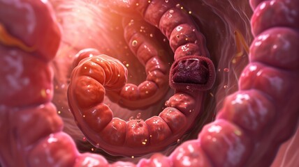 Close-up 3D rendering of intestines with polyps - obrazy, fototapety, plakaty