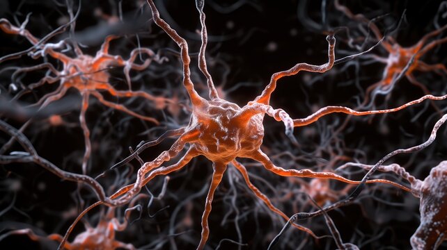 Orange neuron cell with extensive dendrites