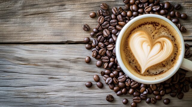 Coffee with heart-shaped latte art surrounded by beans