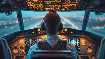 Pilot performing engine start procedures in the cockpit before taxiing to the runway. [Pilot performing engine start in cockpit - obrazy, fototapety, plakaty